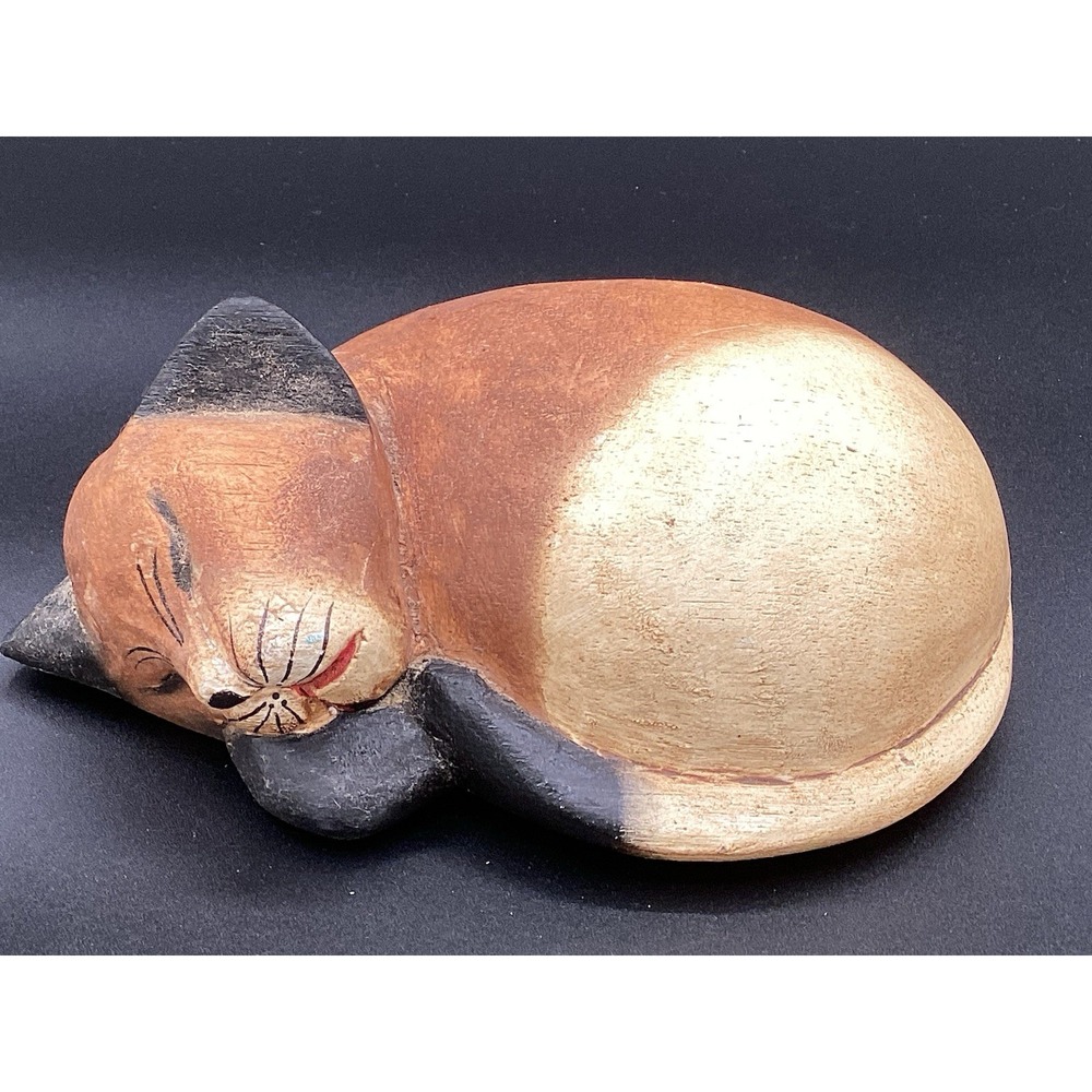 Folk Art / Rustic Wooden Sleeping Kitty Cat 8" Long Light Weight Home Decor